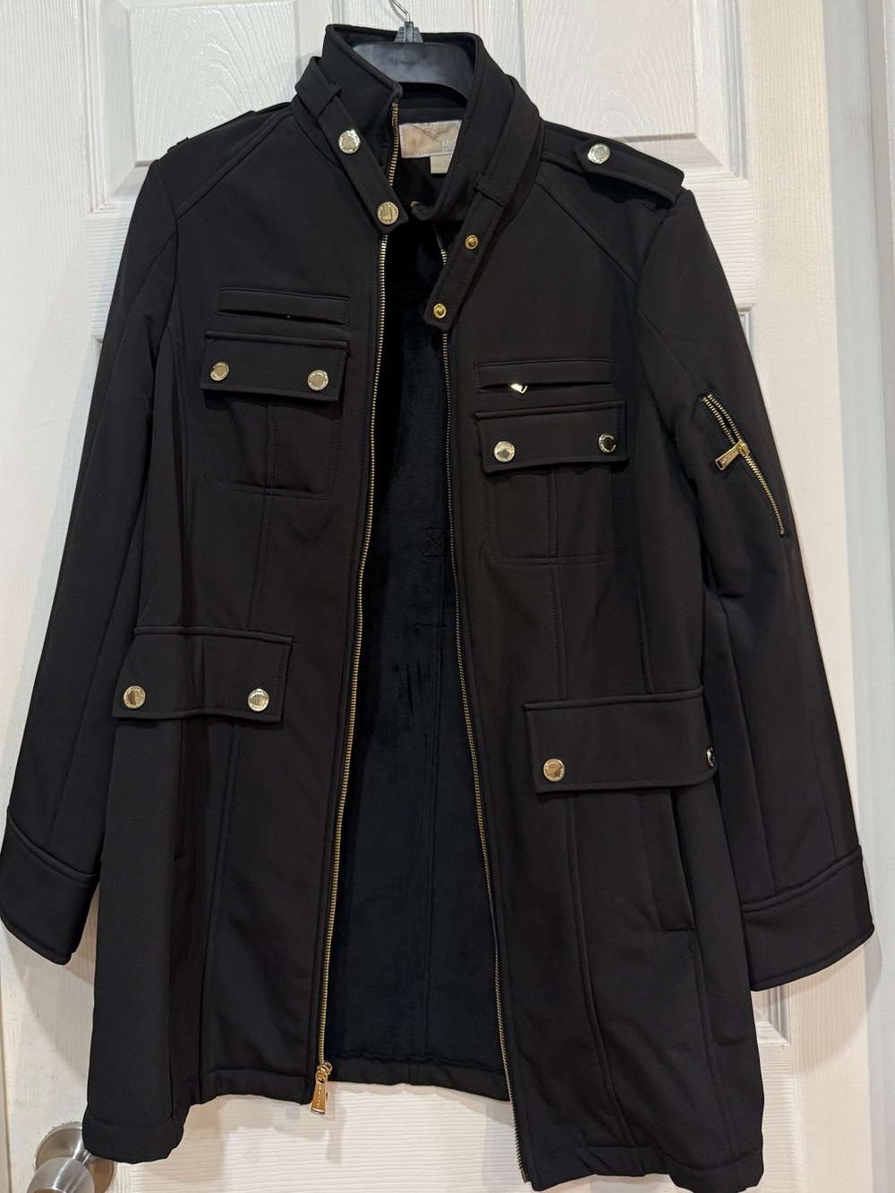 Black Military-Style Women's Michael Kors Coat with Gold Hardware